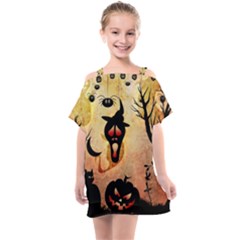 Funny Halloween Design, Pumpkin, Cat, Owl And Crow Kids  One Piece Chiffon Dress by FantasyWorld7