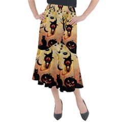 Funny Halloween Design, Pumpkin, Cat, Owl And Crow Midi Mermaid Skirt