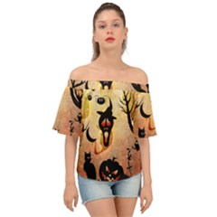 Funny Halloween Design, Pumpkin, Cat, Owl And Crow Off Shoulder Short Sleeve Top by FantasyWorld7