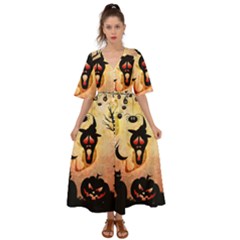 Funny Halloween Design, Pumpkin, Cat, Owl And Crow Kimono Sleeve Boho Dress by FantasyWorld7