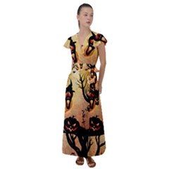 Funny Halloween Design, Pumpkin, Cat, Owl And Crow Flutter Sleeve Maxi Dress