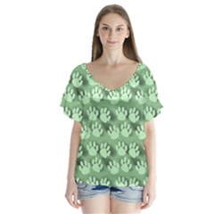 Pattern Texture Feet Dog Green V-neck Flutter Sleeve Top