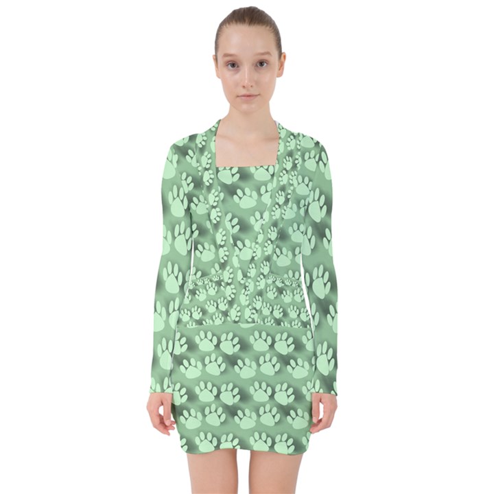 Pattern Texture Feet Dog Green V-neck Bodycon Long Sleeve Dress