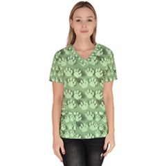 Pattern Texture Feet Dog Green Women s V-neck Scrub Top