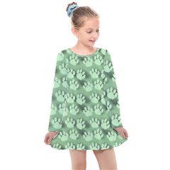 Pattern Texture Feet Dog Green Kids  Long Sleeve Dress