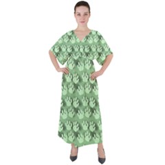 Pattern Texture Feet Dog Green V-neck Boho Style Maxi Dress