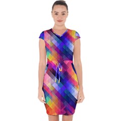 Abstract Background Colorful Pattern Capsleeve Drawstring Dress 