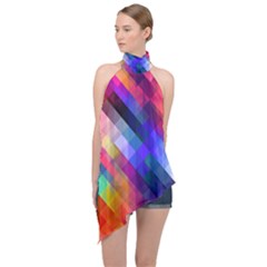 Abstract Background Colorful Pattern Halter Asymmetric Satin Top