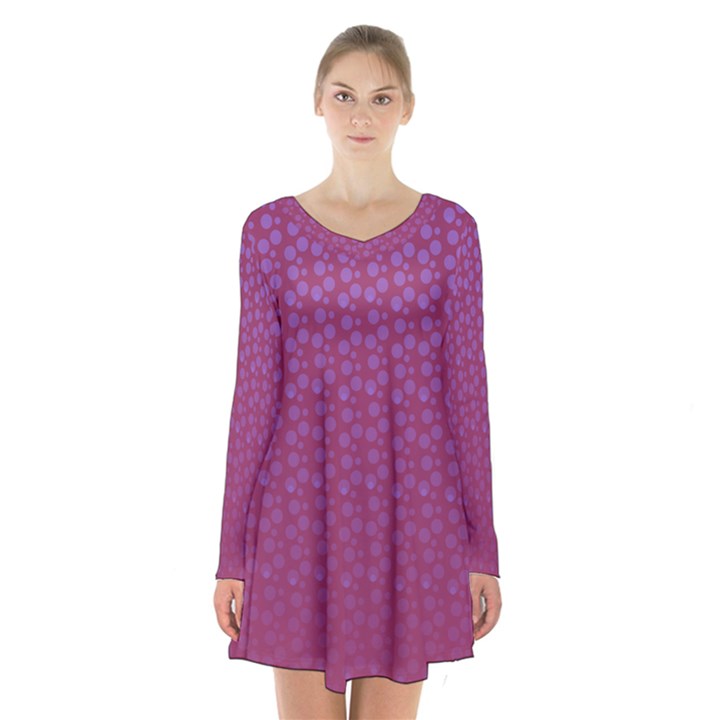 Background Polka Pattern Pink Long Sleeve Velvet V-neck Dress