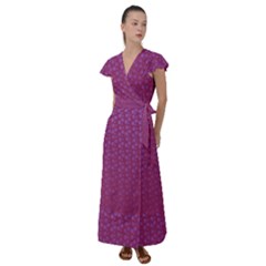 Background Polka Pattern Pink Flutter Sleeve Maxi Dress by HermanTelo