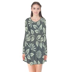 Flowers Pattern Spring Nature Long Sleeve V-neck Flare Dress