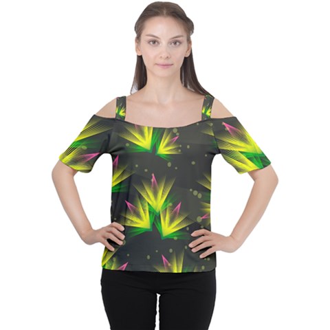 Floral Abstract Lines Cutout Shoulder Tee by HermanTelo