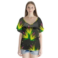 Floral Abstract Lines V-neck Flutter Sleeve Top