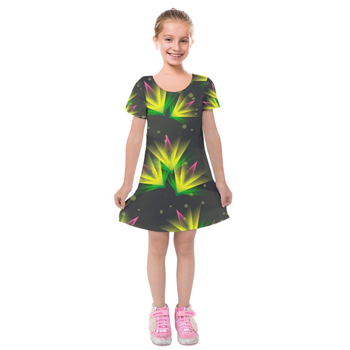 Floral Abstract Lines Kids  Short Sleeve Velvet Dress