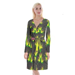 Floral Abstract Lines Long Sleeve Velvet Front Wrap Dress by HermanTelo