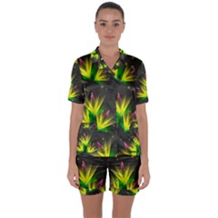 Floral Abstract Lines Satin Short Sleeve Pyjamas Set