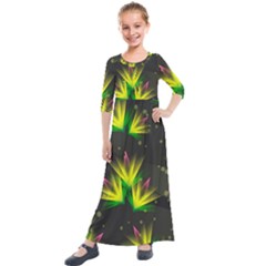 Floral Abstract Lines Kids  Quarter Sleeve Maxi Dress