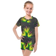 Floral Abstract Lines Kids  Mesh Tee And Shorts Set