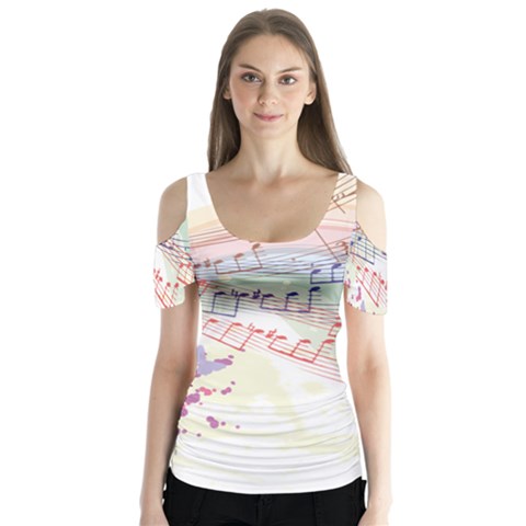 Music Notes Abstract Butterfly Sleeve Cutout Tee  by HermanTelo