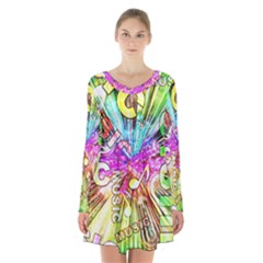 Music Abstract Sound Colorful Long Sleeve Velvet V-neck Dress