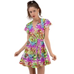 Music Abstract Sound Colorful Flutter Sleeve Wrap Dress