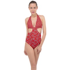 Background Abstraction Red Gray Halter Front Plunge Swimsuit