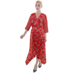 Background Abstraction Red Gray Quarter Sleeve Wrap Front Maxi Dress