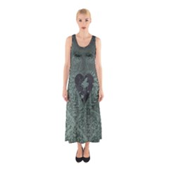 Elegant Heart With Piano And Clef On Damask Background Sleeveless Maxi Dress by FantasyWorld7