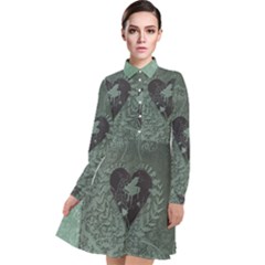 Elegant Heart With Piano And Clef On Damask Background Long Sleeve Chiffon Shirt Dress by FantasyWorld7