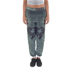 Elegant Heart With Piano And Clef On Damask Background Women s Jogger Sweatpants by FantasyWorld7