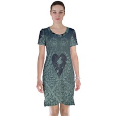 Elegant Heart With Piano And Clef On Damask Background Short Sleeve Nightdress by FantasyWorld7