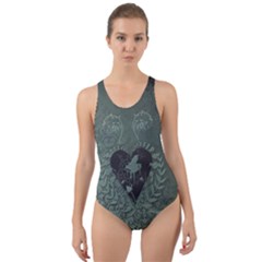 Elegant Heart With Piano And Clef On Damask Background Cut-out Back One Piece Swimsuit by FantasyWorld7