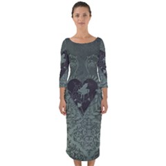 Elegant Heart With Piano And Clef On Damask Background Quarter Sleeve Midi Bodycon Dress by FantasyWorld7