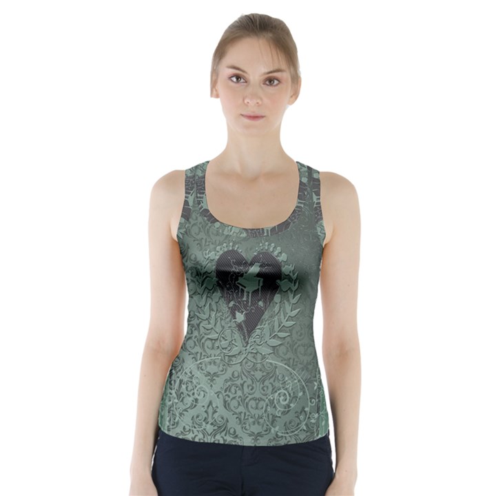 Elegant Heart With Piano And Clef On Damask Background Racer Back Sports Top