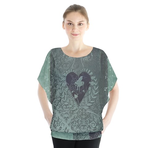 Elegant Heart With Piano And Clef On Damask Background Batwing Chiffon Blouse by FantasyWorld7