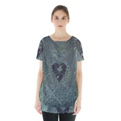 Elegant Heart With Piano And Clef On Damask Background Skirt Hem Sports Top by FantasyWorld7