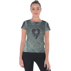 Elegant Heart With Piano And Clef On Damask Background Short Sleeve Sports Top  by FantasyWorld7