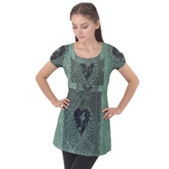 Elegant Heart With Piano And Clef On Damask Background Puff Sleeve Tunic Top by FantasyWorld7