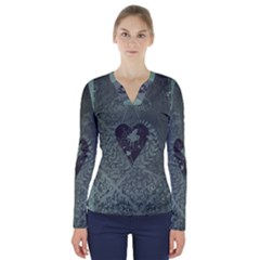 Elegant Heart With Piano And Clef On Damask Background V-neck Long Sleeve Top by FantasyWorld7