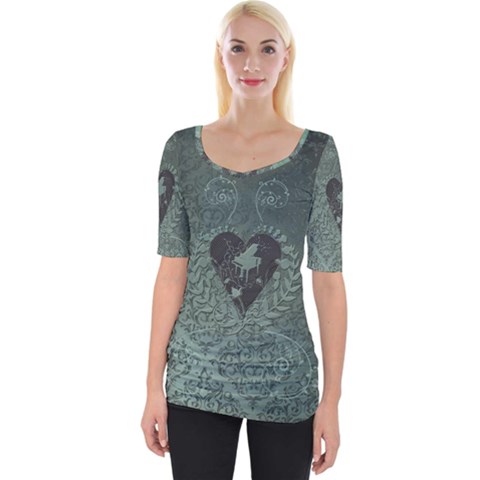 Elegant Heart With Piano And Clef On Damask Background Wide Neckline Tee by FantasyWorld7