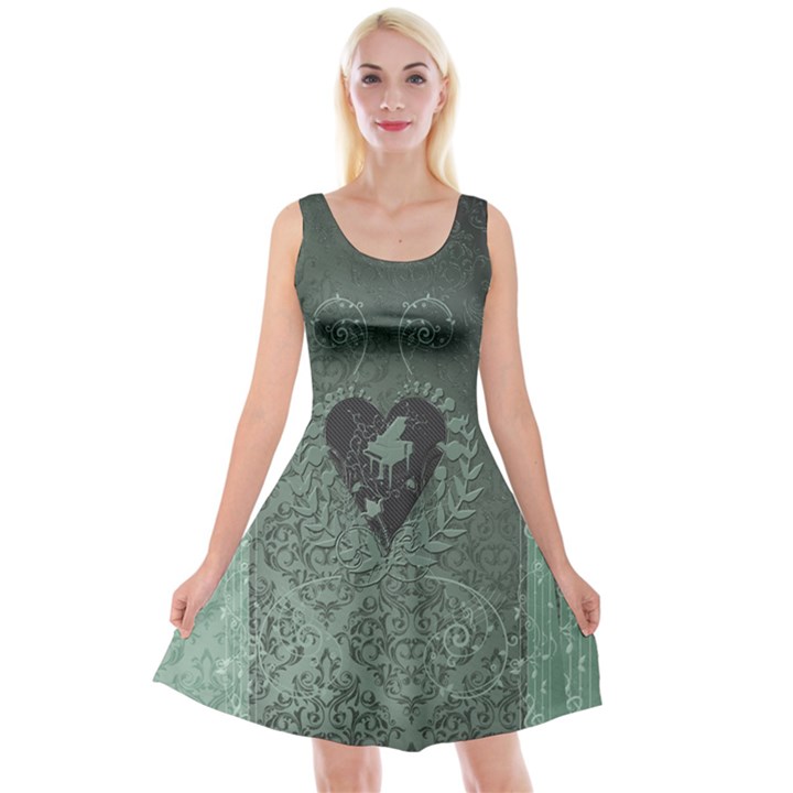 Elegant Heart With Piano And Clef On Damask Background Reversible Velvet Sleeveless Dress