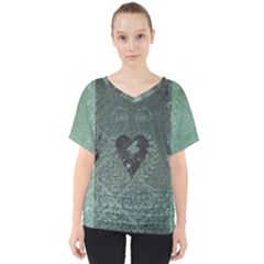 Elegant Heart With Piano And Clef On Damask Background V-neck Dolman Drape Top by FantasyWorld7