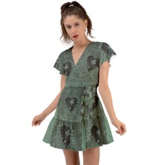 Elegant Heart With Piano And Clef On Damask Background Flutter Sleeve Wrap Dress