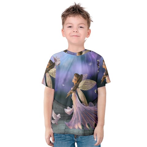 Little Fairy With Dove Kids  Cotton Tee by FantasyWorld7