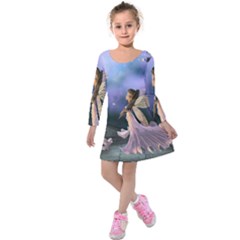 Little Fairy With Dove Kids  Long Sleeve Velvet Dress by FantasyWorld7