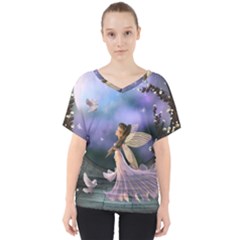 Little Fairy With Dove V-neck Dolman Drape Top by FantasyWorld7