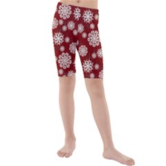 Snowflakes On Red Kids  Mid Length Swim Shorts by bloomingvinedesign