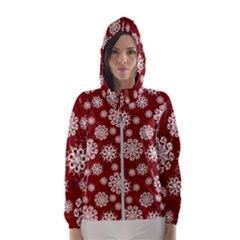 Snowflakes On Red Women s Hooded Windbreaker by bloomingvinedesign