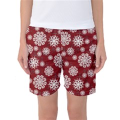 Snowflakes On Red Women s Basketball Shorts by bloomingvinedesign