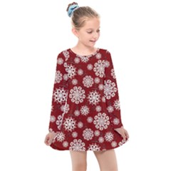 Snowflakes On Red Kids  Long Sleeve Dress by bloomingvinedesign